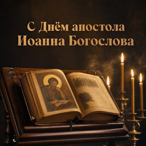 Открытка на День апостола Иоанна Богослова с Евангелием и свечами Открытка на День апостола Иоанна Богослова с Евангелием и свечами