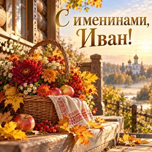 Открытка «С именинами, Иван!» с осенней корзиной Открытка «С именинами, Иван!» с осенней корзиной