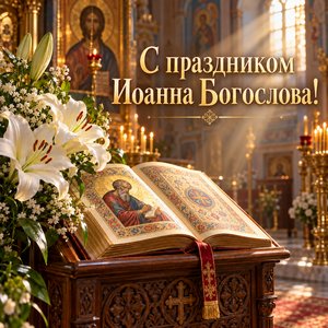 Открытка «С праздником Иоанна Богослова!» с Евангелием и белыми лилиями Открытка «С праздником Иоанна Богослова!» с Евангелием и белыми лилиями
