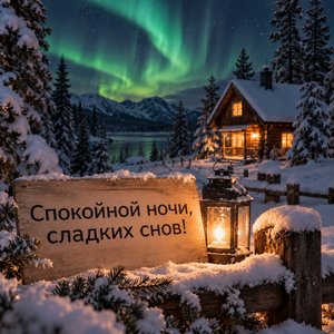 Открытка «Спокойной ночи, сладких снов!» с северным сиянием Открытка «Спокойной ночи, сладких снов!» с северным сиянием